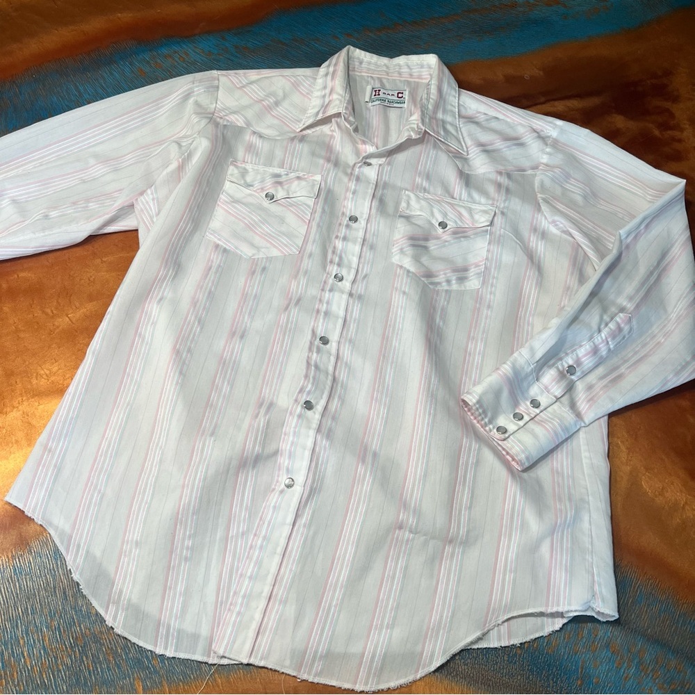 Vintage H bar C California Ranch Wear Pearl snap western shirt white pink stripe
